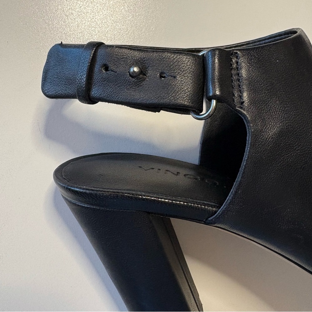 Vince Black Leather Peep-Toe Block Heel Mules Size 6 - Picture 3 of 8
